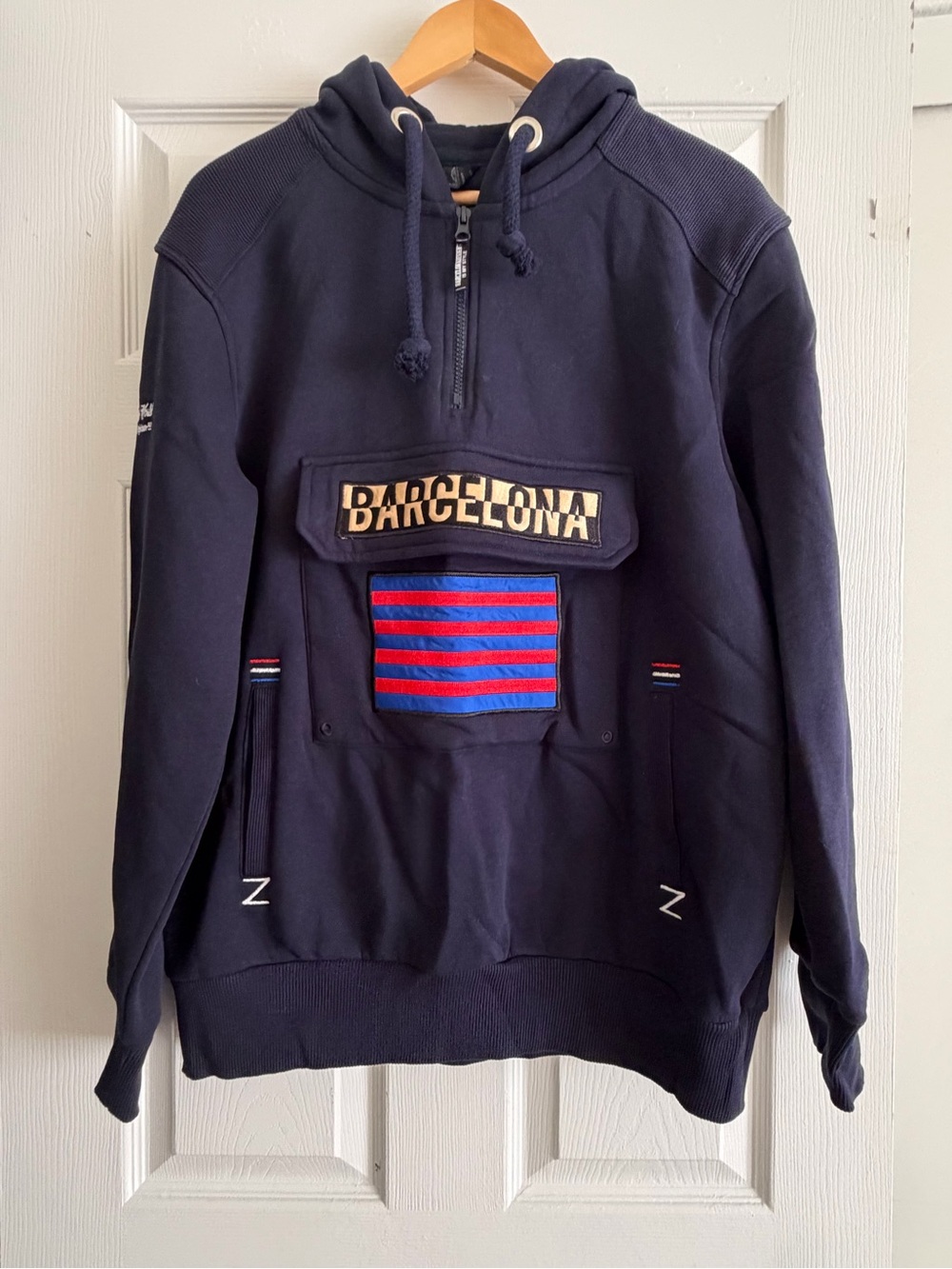 Barcelona Appliqué Navy Hoodie with Red & Blue Stripe